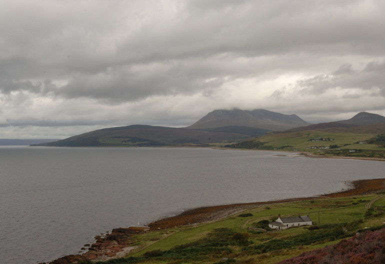 Hillside view of a grassy coastline and distant hills