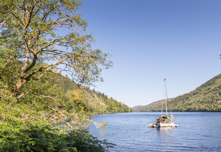 A sail boat tied up in calm water with a forested hillside in the background.