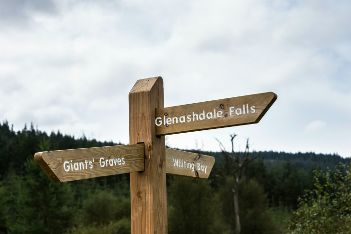 Wooded signposts pointing three different sign posted directions