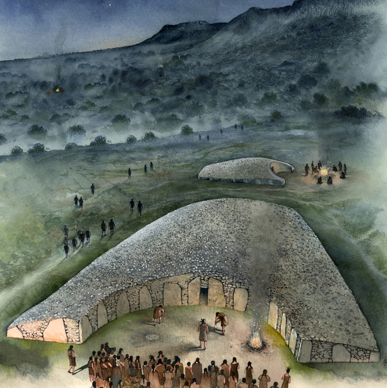 A drawing showing an ancient chambered cairn
