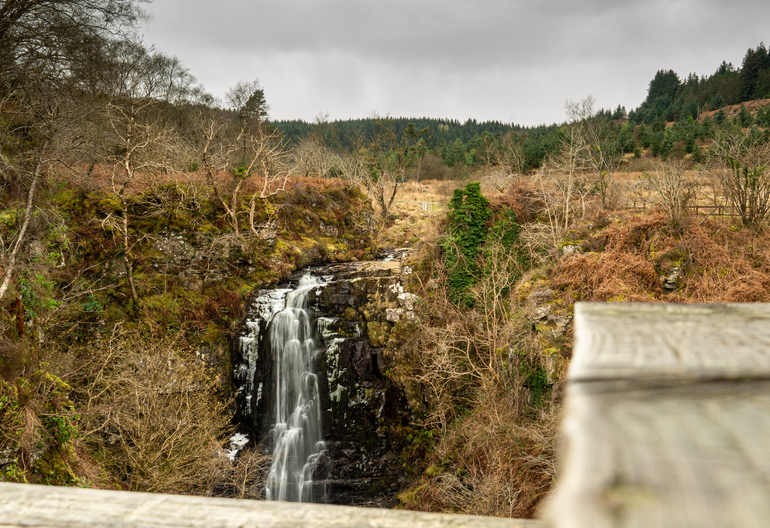 A waterfall in a forest with a wooden platform