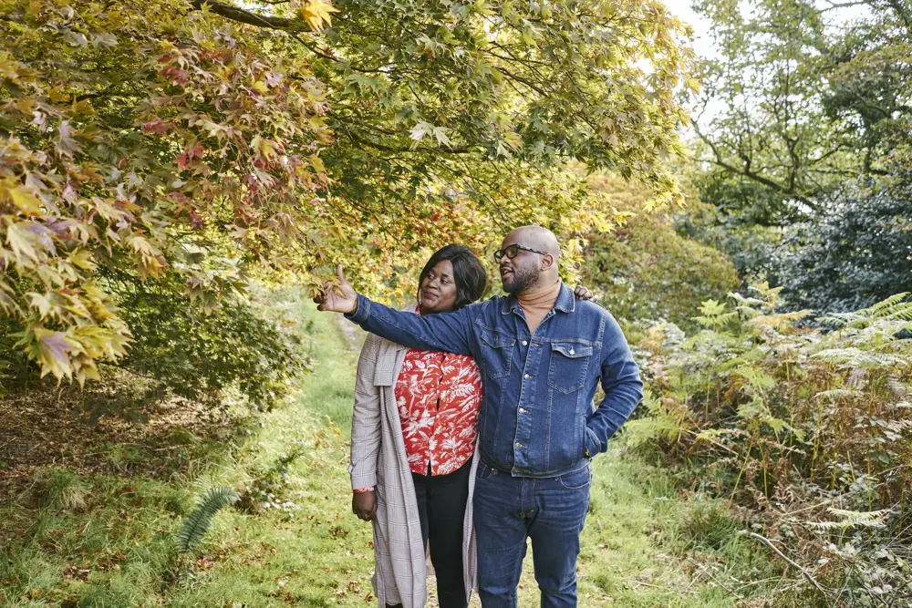 Man and woman looking at the leaves of a tree