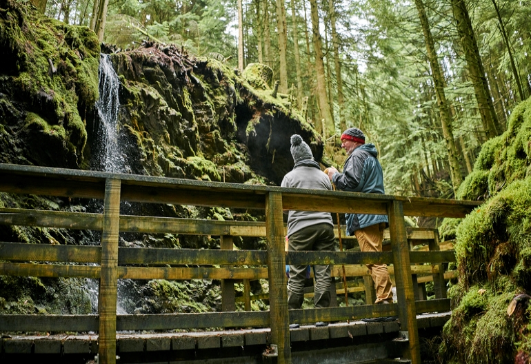 In a shady mossy glen, man and woman in waterproof jackets and woollen hats stand on a wooden bridge and gaze up at high waterfall, as it tumbles over moss covered rocks, with forest of towering trees in background, Puck's Glen, near Dunoon