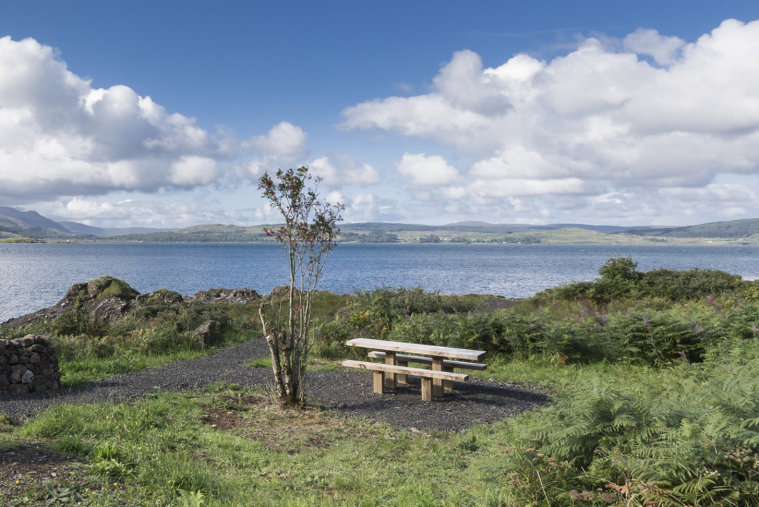 A picnic table next to a small tree and rock wall, in the background is water and hills.