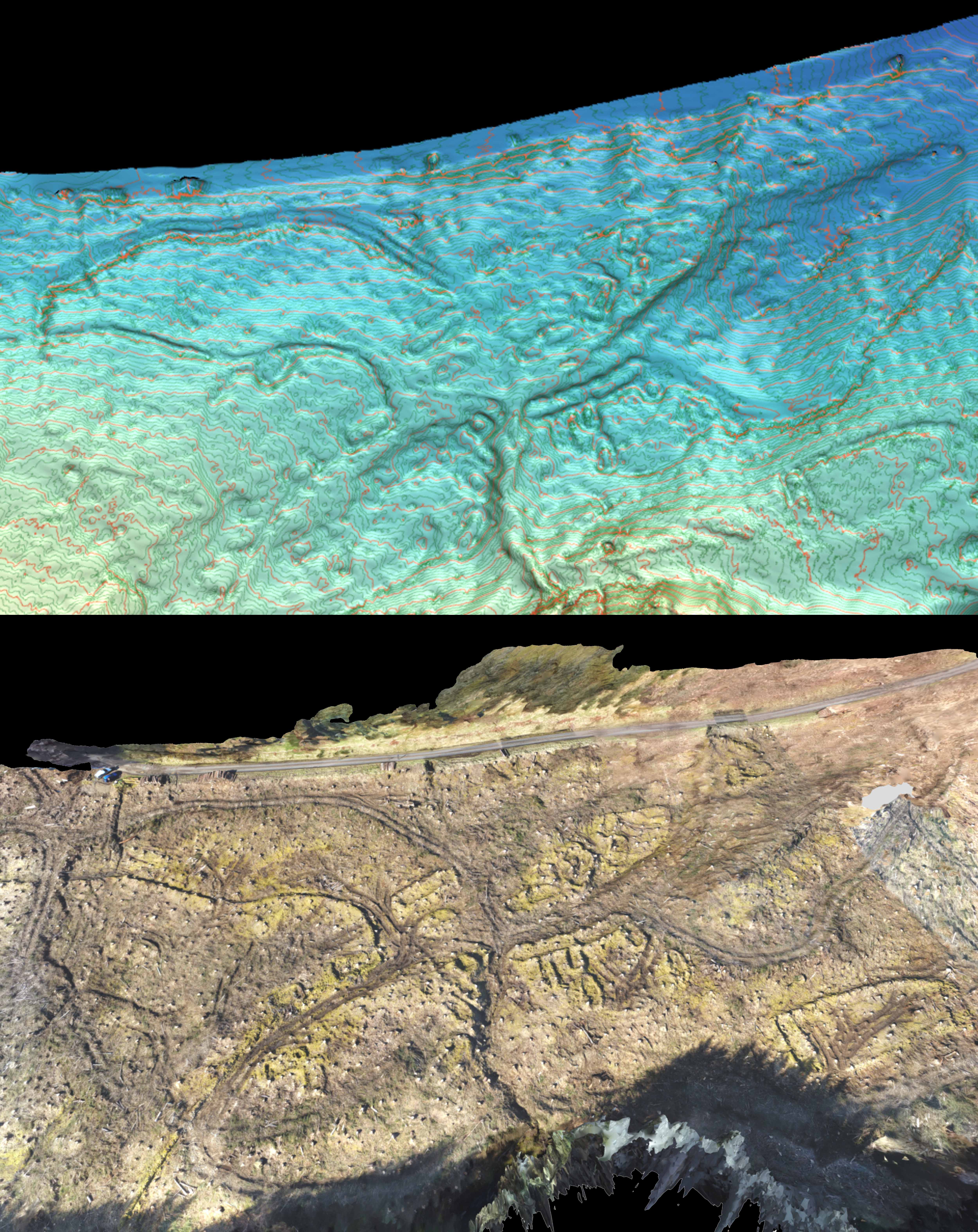 3D model of Brunell township on the Isle of Skye. The top shows the hill-shaded basic terrain model, lit from the south, highlighting the footings of the buildings. The bottom shows the real colour terrain model which uses photography to present the site as it looks from the air. 