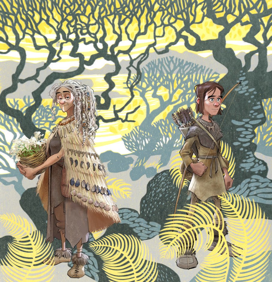 A graphic of two Mesolithic characters in a forest